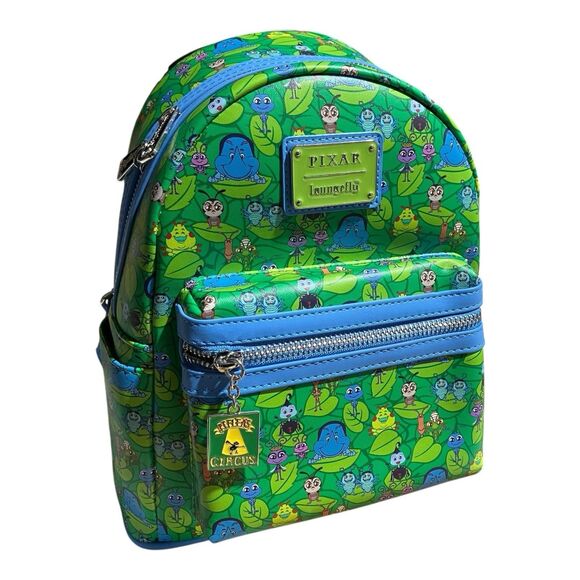 LOUNGEFLY Backpack Adult Green Disney Pixar A Bugs Life Mini All Over‎ Blue Flik